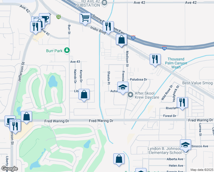 map of restaurants, bars, coffee shops, grocery stores, and more near 43451 Shasta Place in Indio