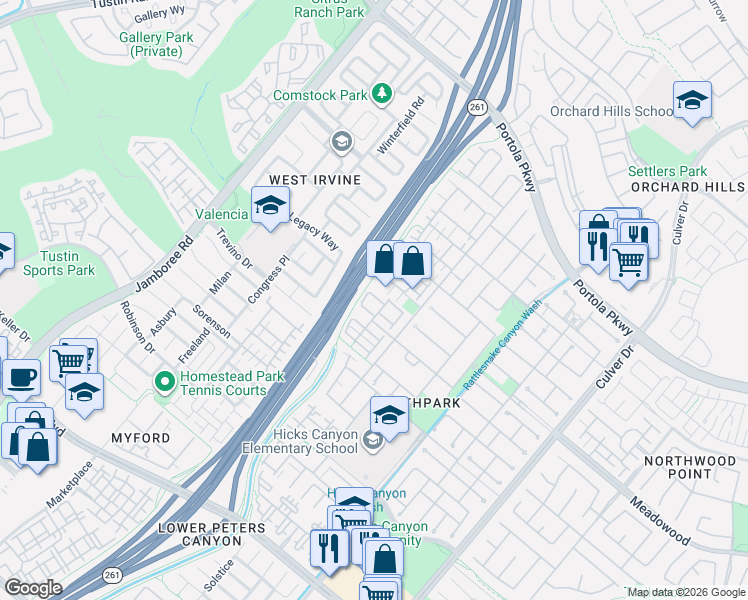 map of restaurants, bars, coffee shops, grocery stores, and more near 17 Roseville in Irvine