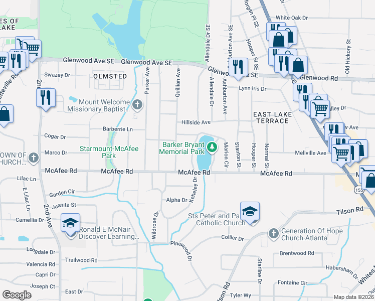 map of restaurants, bars, coffee shops, grocery stores, and more near 1979 West Lakeside Drive in Decatur