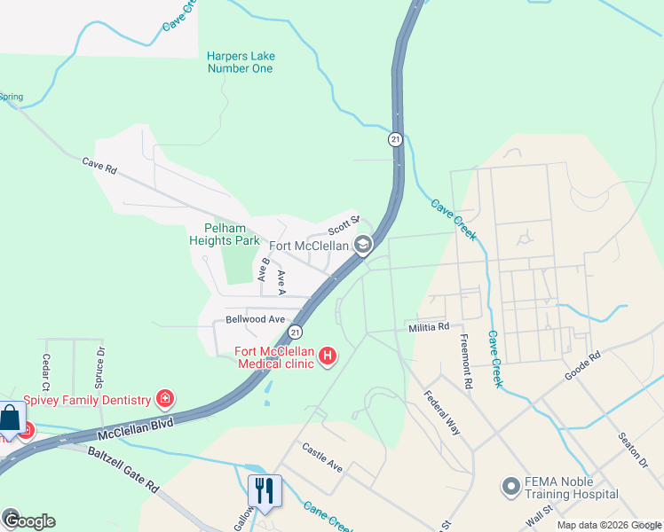 map of restaurants, bars, coffee shops, grocery stores, and more near 6714 McClellan Boulevard in Anniston