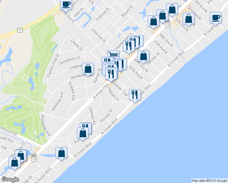 map of restaurants, bars, coffee shops, grocery stores, and more near 5920 Haskell Circle in Myrtle Beach