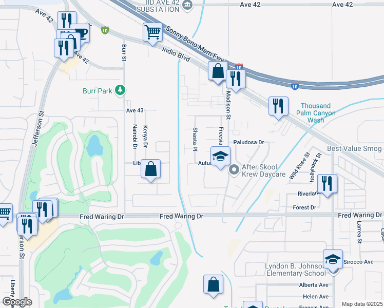 map of restaurants, bars, coffee shops, grocery stores, and more near 43451 Shasta Place in Indio