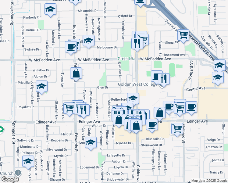 map of restaurants, bars, coffee shops, grocery stores, and more near 6831 Shannon Drive in Huntington Beach