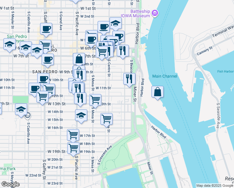 map of restaurants, bars, coffee shops, grocery stores, and more near 242 West 12th Street in Los Angeles