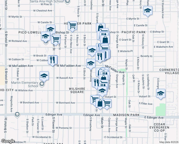 map of restaurants, bars, coffee shops, grocery stores, and more near 1126 South Broadway in Santa Ana