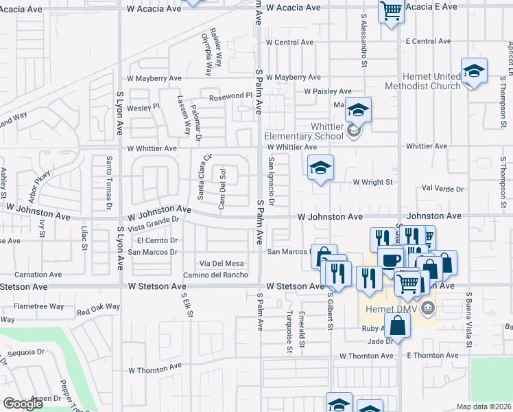 map of restaurants, bars, coffee shops, grocery stores, and more near 879 South Palm Avenue in Hemet