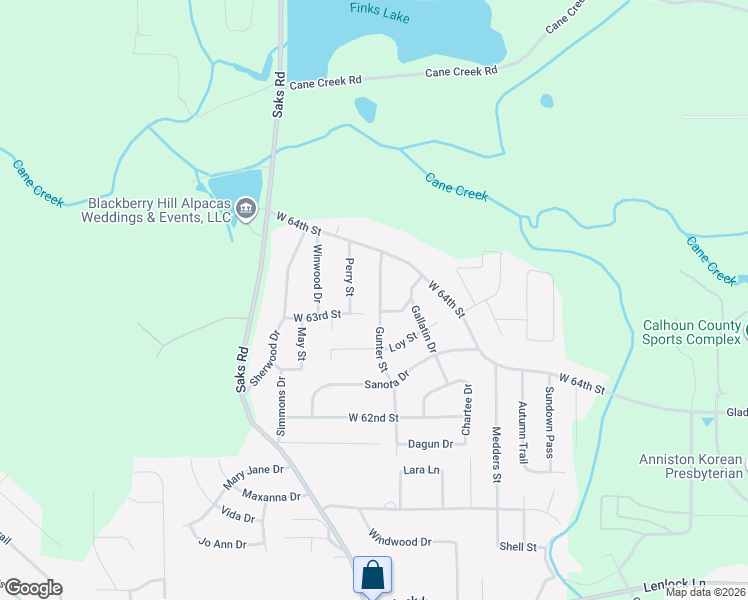 map of restaurants, bars, coffee shops, grocery stores, and more near 6306 Gunter Street in Anniston