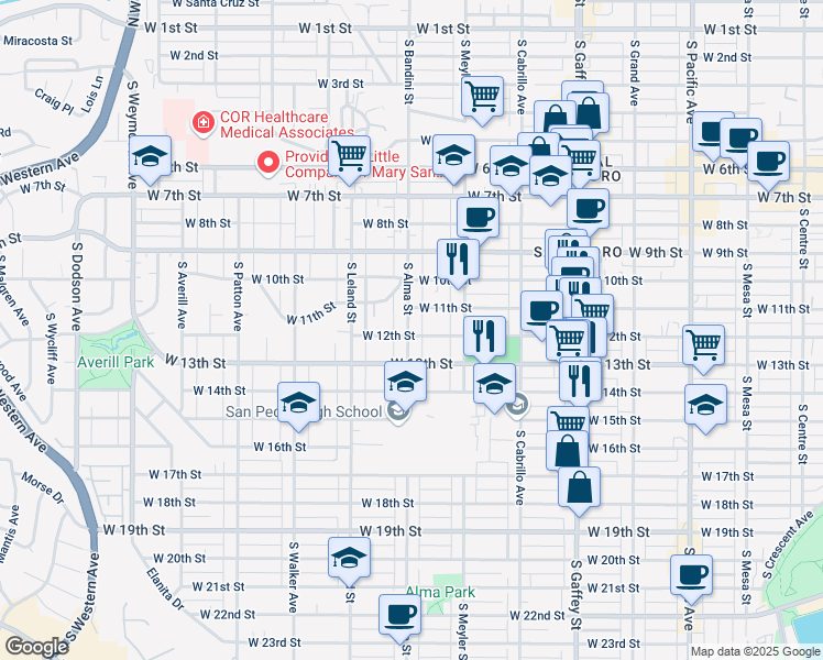 map of restaurants, bars, coffee shops, grocery stores, and more near 1134 South Alma Street in Los Angeles