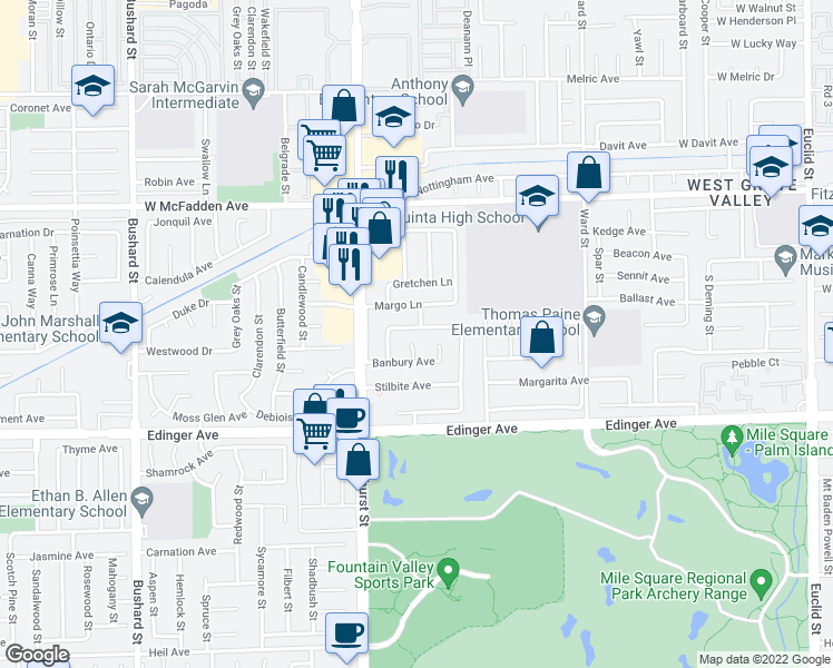 map of restaurants, bars, coffee shops, grocery stores, and more near 10122 Northampton Avenue in Westminster