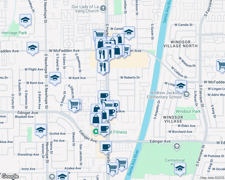 map of restaurants, bars, coffee shops, grocery stores, and more near 1107 South Harbor Boulevard in Santa Ana