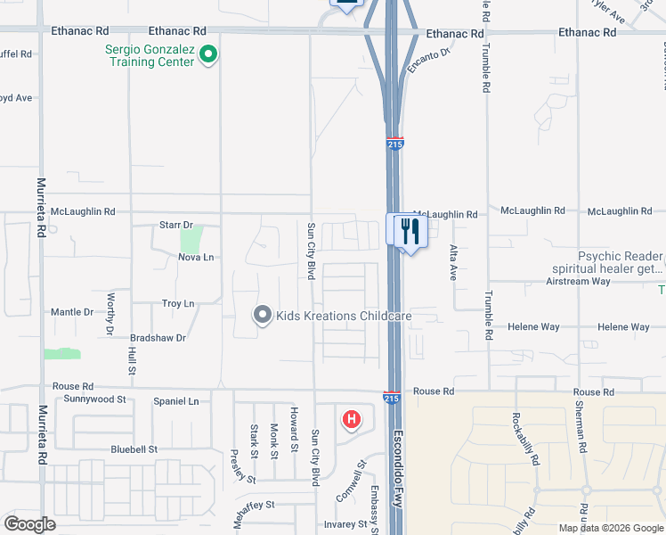 map of restaurants, bars, coffee shops, grocery stores, and more near 27837 Blaze Lane in Menifee