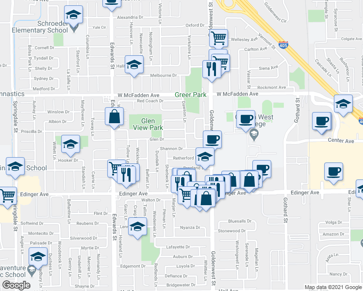 map of restaurants, bars, coffee shops, grocery stores, and more near 6831 Shannon Drive in Huntington Beach