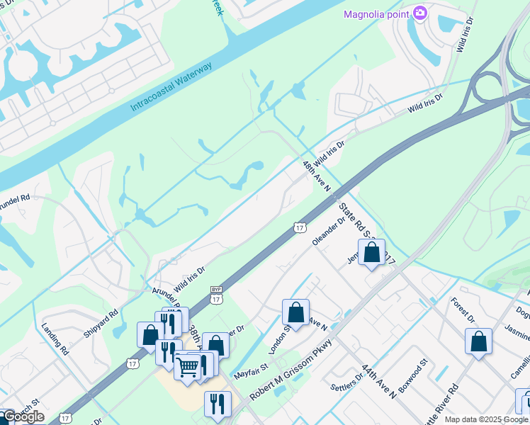map of restaurants, bars, coffee shops, grocery stores, and more near 4725 Wild Iris Drive in Myrtle Beach