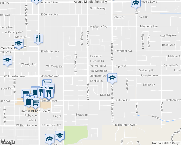 map of restaurants, bars, coffee shops, grocery stores, and more near 925 Val Monte Drive in Hemet