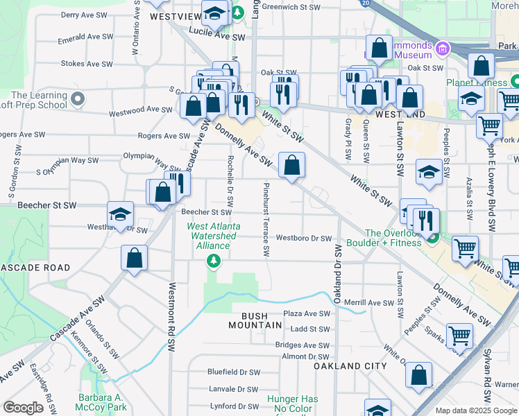 map of restaurants, bars, coffee shops, grocery stores, and more near 1355 Beecher Street Southwest in Atlanta