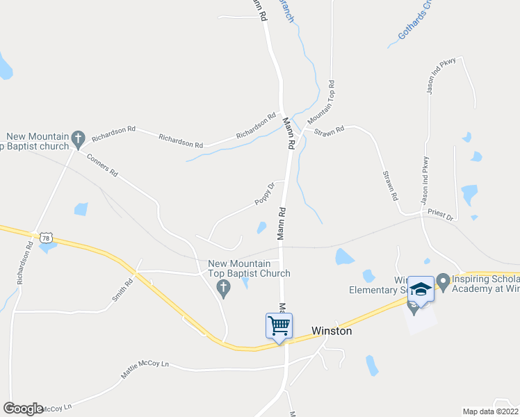 map of restaurants, bars, coffee shops, grocery stores, and more near 7745 Poppy Drive in Winston