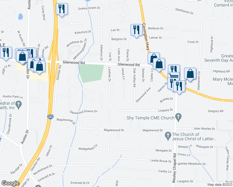 map of restaurants, bars, coffee shops, grocery stores, and more near 4094 Vale Court in Decatur