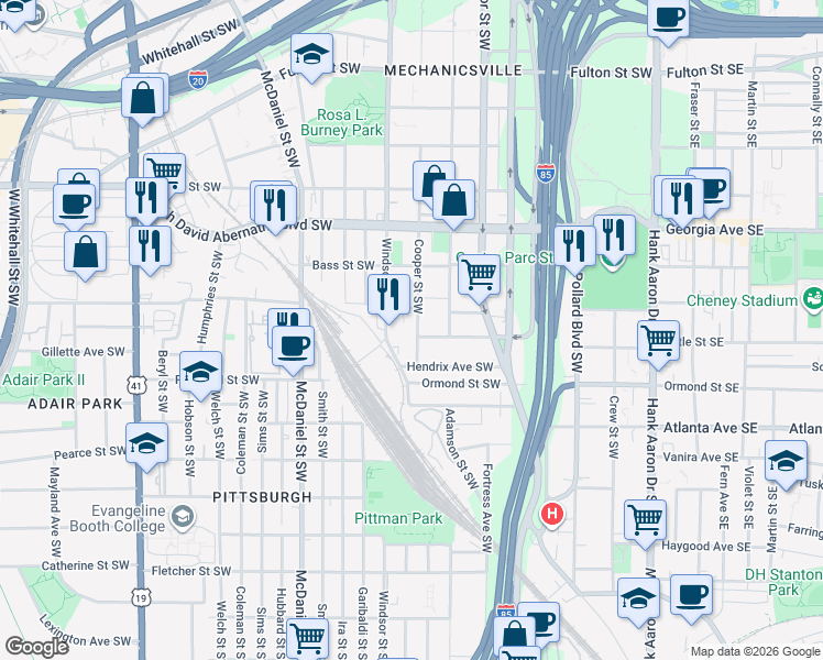 map of restaurants, bars, coffee shops, grocery stores, and more near 781 Cooper Street Southwest in Atlanta