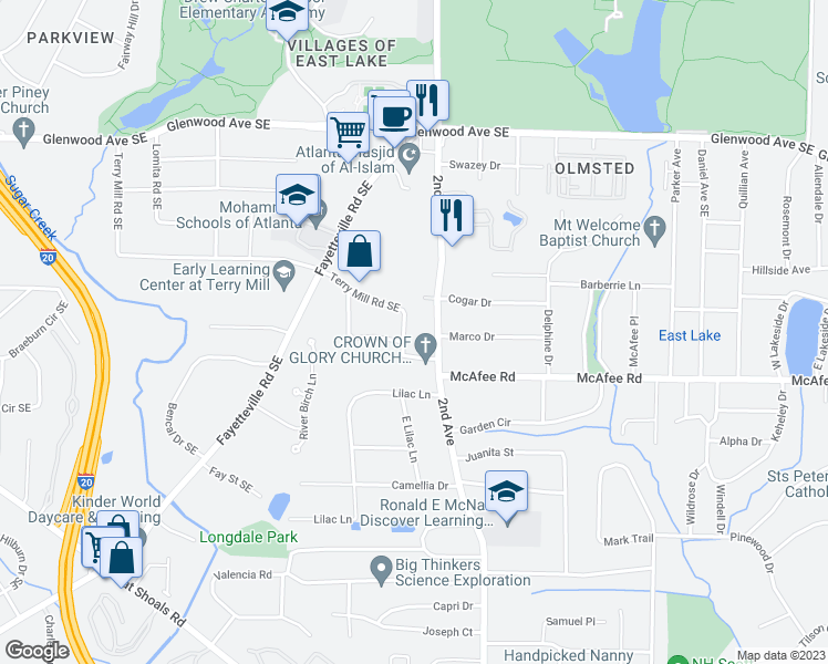 map of restaurants, bars, coffee shops, grocery stores, and more near 1962 Terry Mill Road Southeast in Atlanta