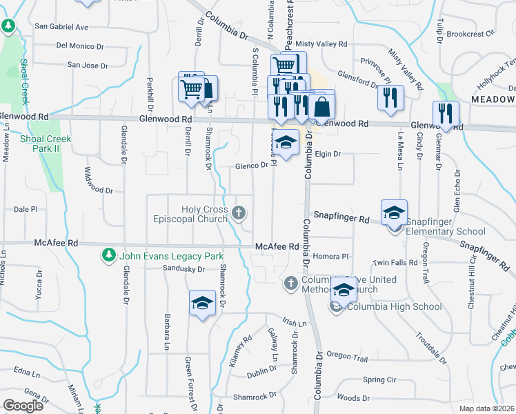 map of restaurants, bars, coffee shops, grocery stores, and more near 1948 South Columbia Place in Decatur