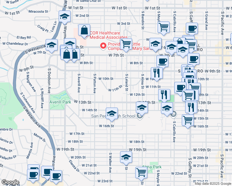 map of restaurants, bars, coffee shops, grocery stores, and more near 1147 South Leland Street in Los Angeles
