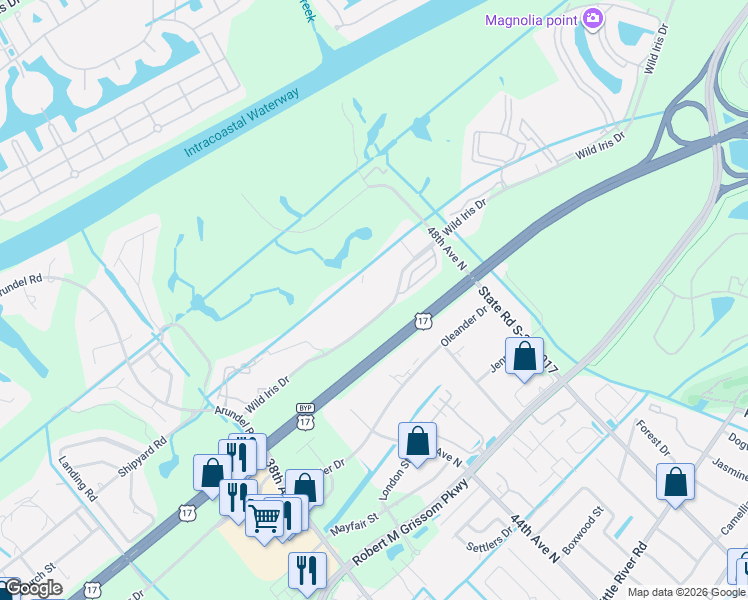 map of restaurants, bars, coffee shops, grocery stores, and more near 4725 Wild Iris Drive in Myrtle Beach