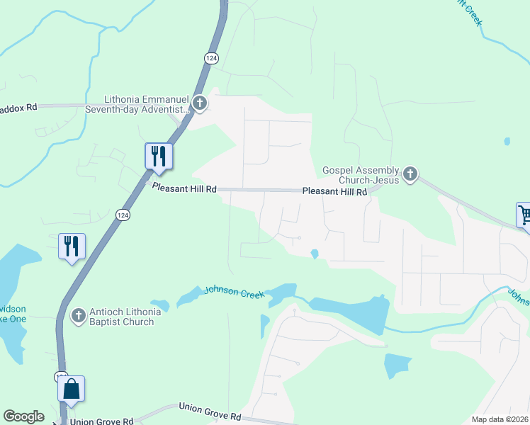map of restaurants, bars, coffee shops, grocery stores, and more near 1874 Oak Hill Springs Boulevard in Lithonia