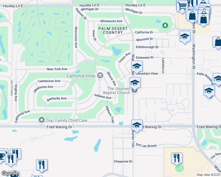 map of restaurants, bars, coffee shops, grocery stores, and more near 43300 Elkhorn Trail in Palm Desert