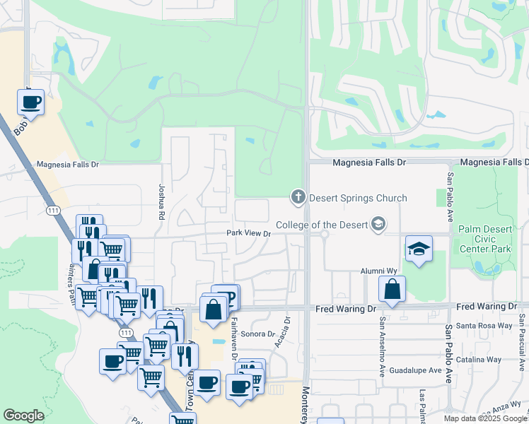 map of restaurants, bars, coffee shops, grocery stores, and more near 72793 Fleetwood Circle in Palm Desert