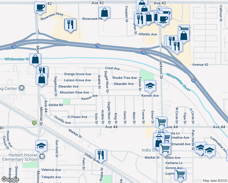 map of restaurants, bars, coffee shops, grocery stores, and more near 82593 Mountain View Avenue in Indio