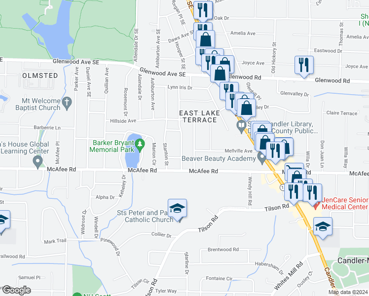 map of restaurants, bars, coffee shops, grocery stores, and more near 1968 Hooper Street in Decatur