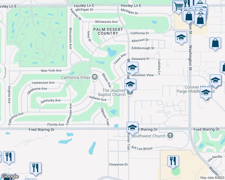map of restaurants, bars, coffee shops, grocery stores, and more near 43420 Illinois Avenue in Palm Desert