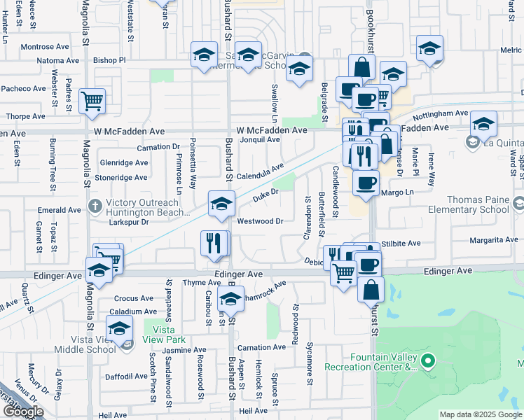 map of restaurants, bars, coffee shops, grocery stores, and more near 15771 Condon Circle in Westminster