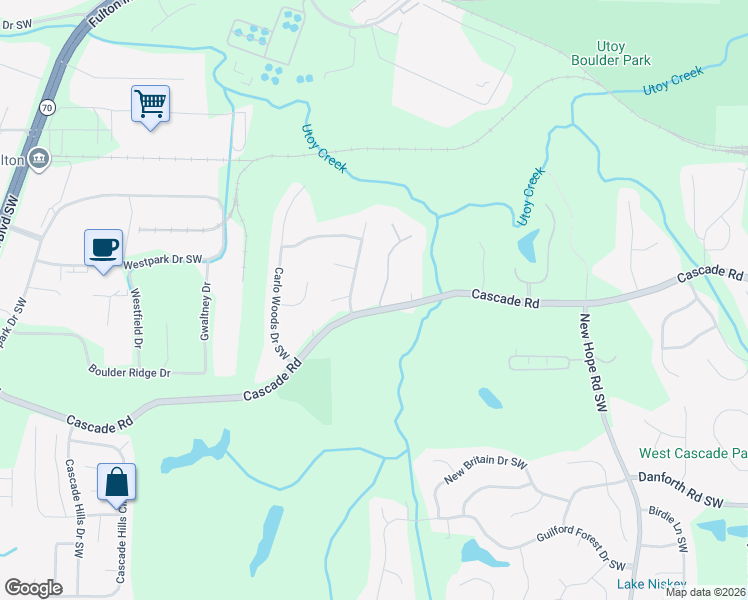 map of restaurants, bars, coffee shops, grocery stores, and more near 100 Milano Drive Southwest in Atlanta
