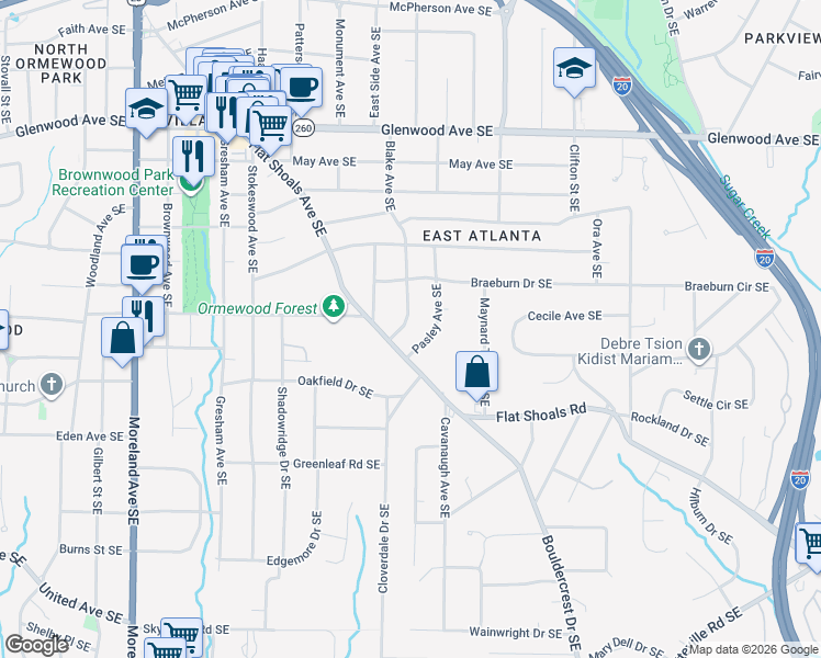 map of restaurants, bars, coffee shops, grocery stores, and more near 758 Blake Avenue Southeast in Atlanta