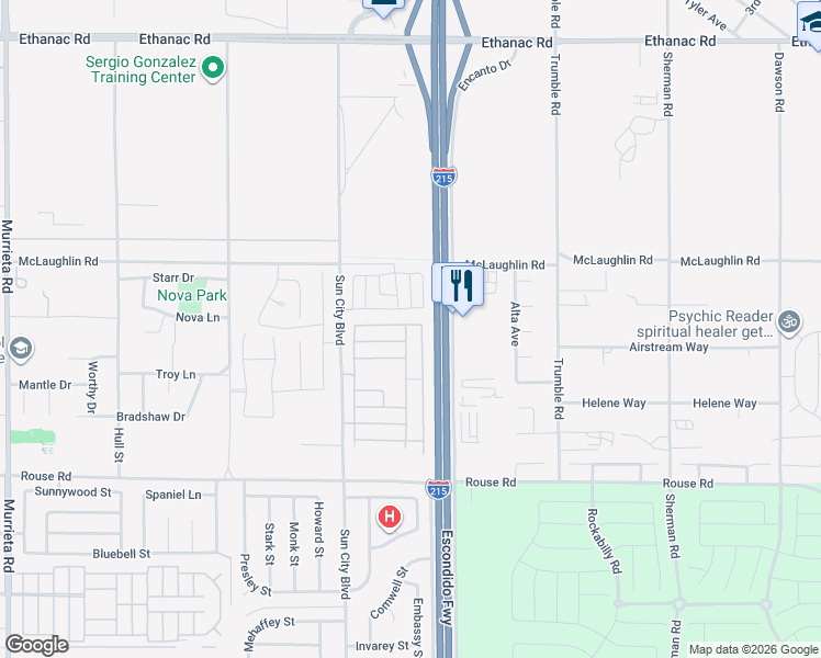 map of restaurants, bars, coffee shops, grocery stores, and more near 27917 Blaze Lane in Menifee