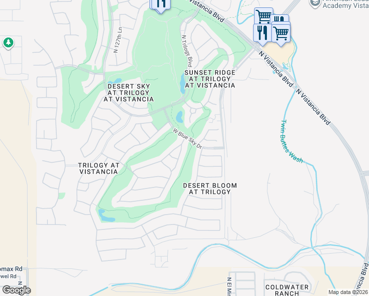 map of restaurants, bars, coffee shops, grocery stores, and more near 27679 North 125th Drive in Peoria
