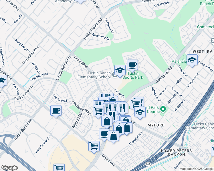 map of restaurants, bars, coffee shops, grocery stores, and more near 21 Masters in Tustin