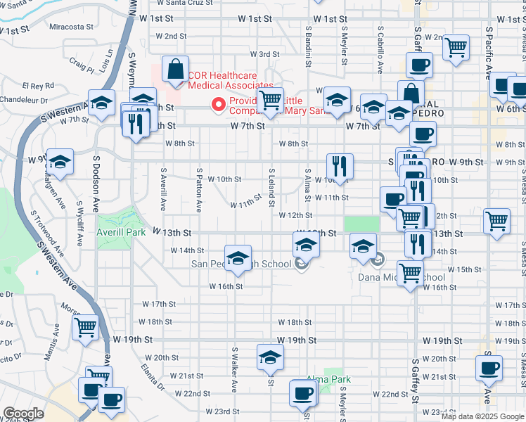 map of restaurants, bars, coffee shops, grocery stores, and more near 1147 South Leland Street in Los Angeles