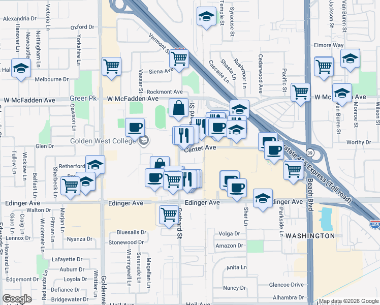 map of restaurants, bars, coffee shops, grocery stores, and more near 7400 Center Avenue in Huntington Beach
