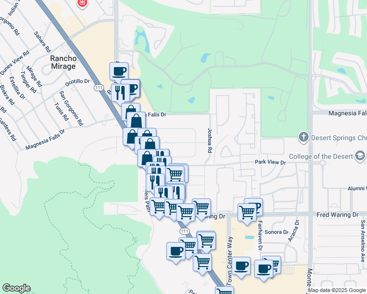 map of restaurants, bars, coffee shops, grocery stores, and more near 72311 Rancho Road in Rancho Mirage