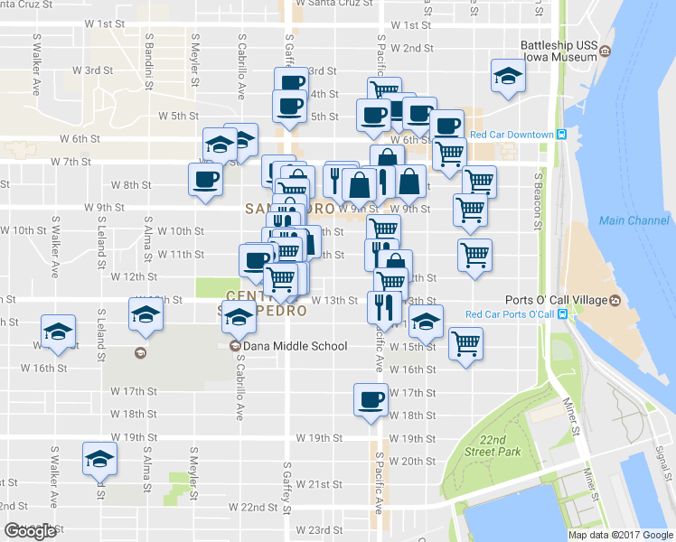 map of restaurants, bars, coffee shops, grocery stores, and more near 592 West 12th Street in Los Angeles