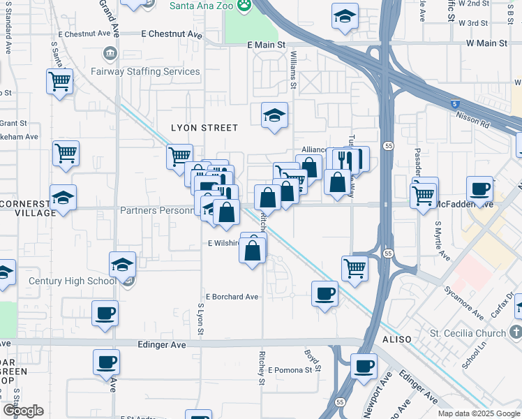 map of restaurants, bars, coffee shops, grocery stores, and more near 1800 East McFadden Avenue in Santa Ana