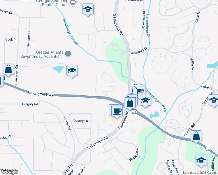 map of restaurants, bars, coffee shops, grocery stores, and more near 4643 Grand Central Parkway in Decatur