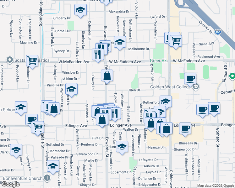 map of restaurants, bars, coffee shops, grocery stores, and more near 15742 Tullow Lane in Huntington Beach