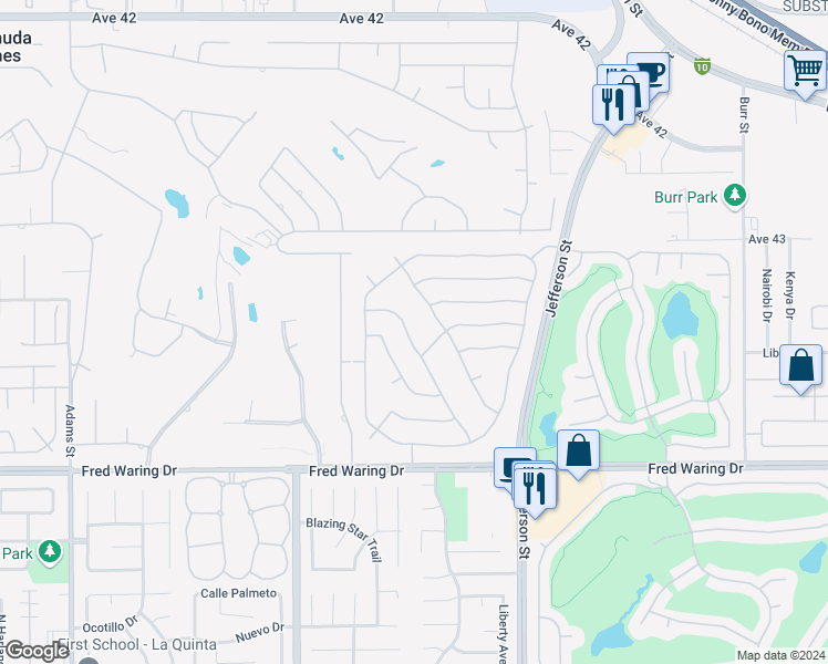 map of restaurants, bars, coffee shops, grocery stores, and more near 43616 Bordeaux Drive in La Quinta
