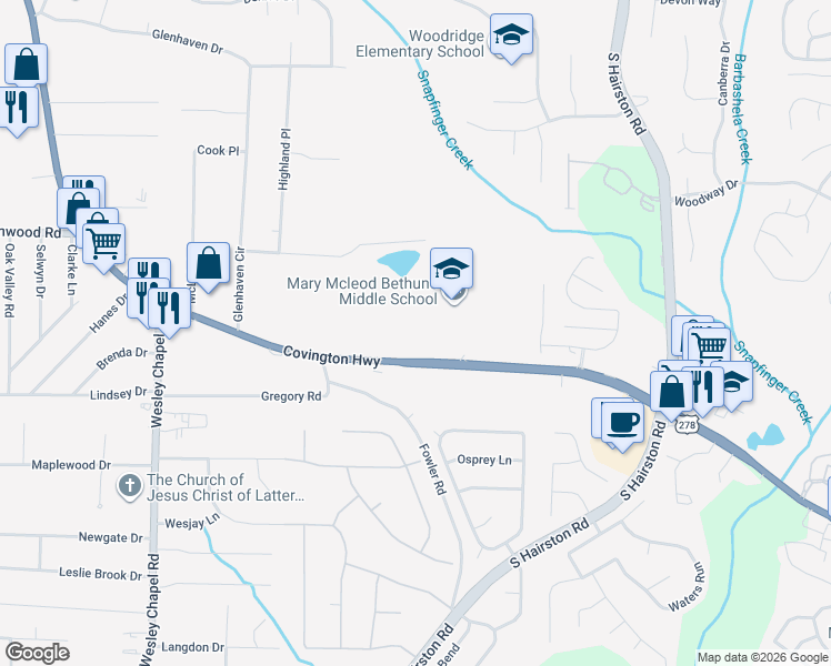 map of restaurants, bars, coffee shops, grocery stores, and more near 5160 Covington Highway in Decatur