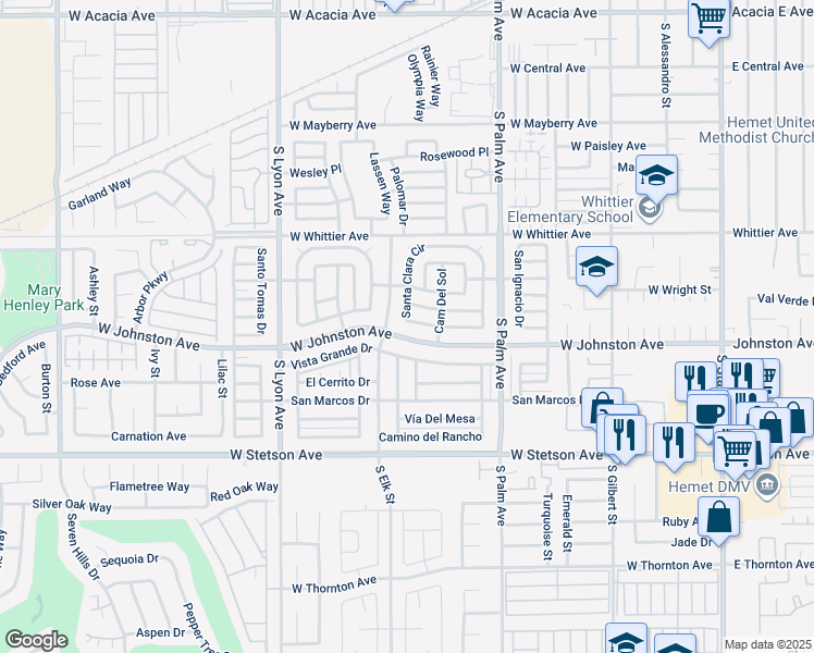 map of restaurants, bars, coffee shops, grocery stores, and more near 590 Santa Clara Circle in Hemet