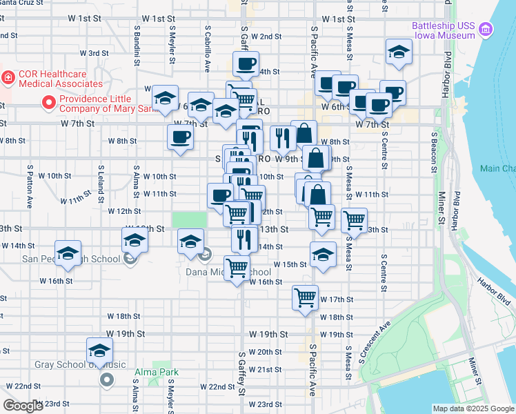 map of restaurants, bars, coffee shops, grocery stores, and more near 654 West 12th Street in Los Angeles