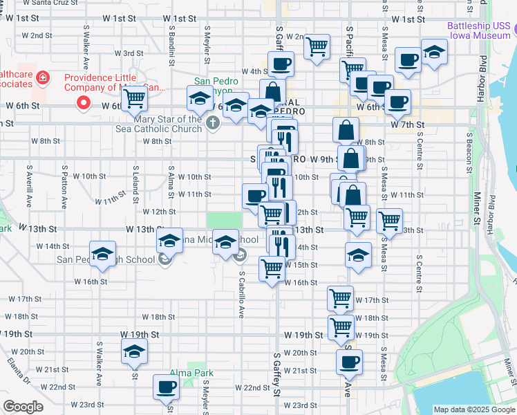 map of restaurants, bars, coffee shops, grocery stores, and more near 754 West 12th Street in Los Angeles